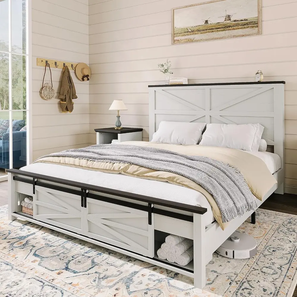 AMERLIFE 48.8" Farmhouse Wood Bed Frame Queen Size with Sliding Barn Door Storage Cabinets and Headboard, No Box Spring Needed,