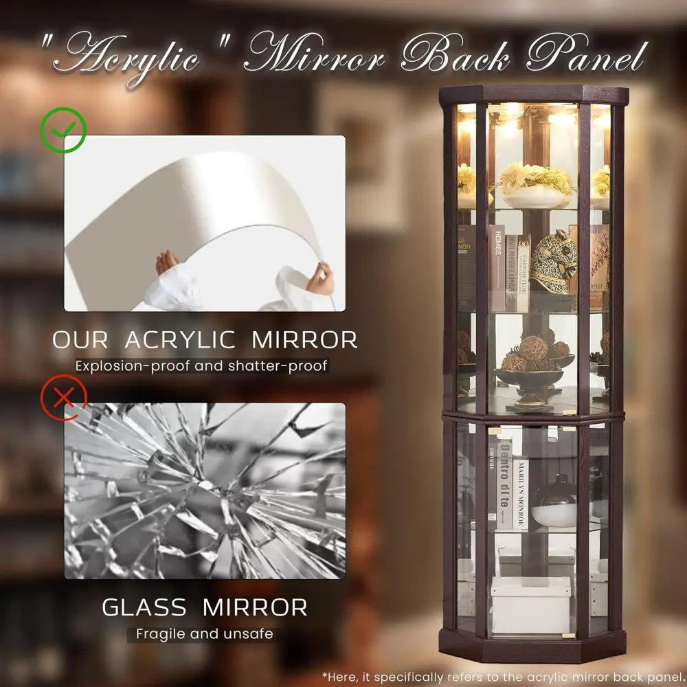 Corner Curio Cabinet, 70"H Lighted Glass Display Cabinet with Adjustable Shelve, Tempered Glass Doors, Bulb Inclued, Wooden Chin