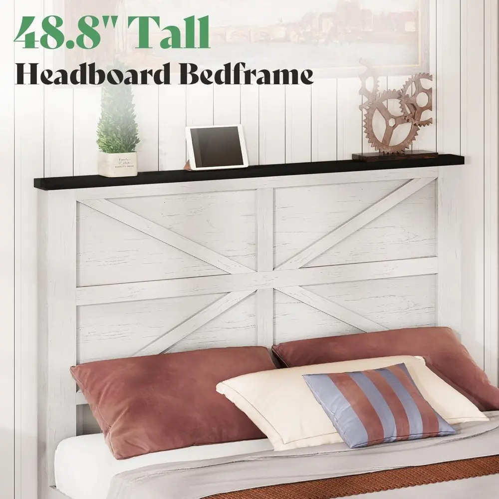 AMERLIFE 48.8" Farmhouse Wood Bed Frame Queen Size with Sliding Barn Door Storage Cabinets and Headboard, No Box Spring Needed,