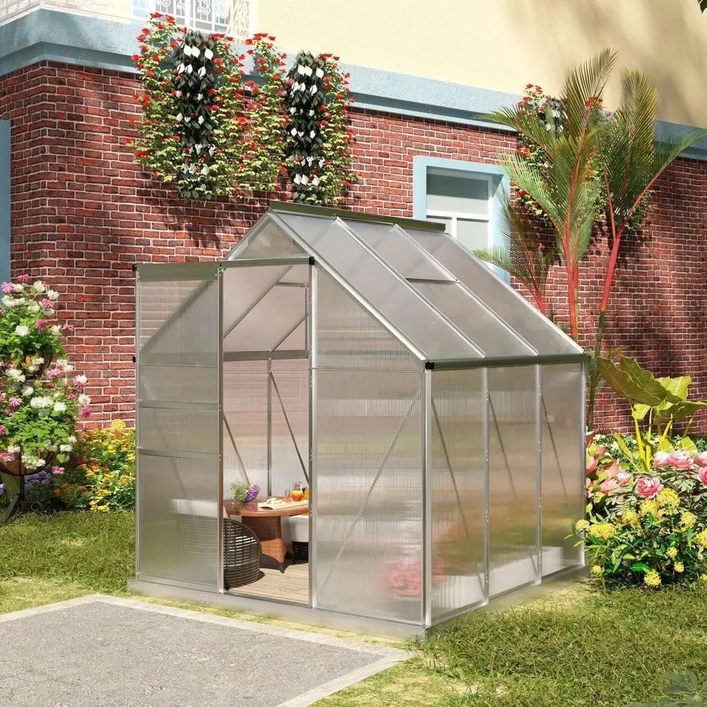 6' x 6' x 6.5' Polycarbonate Greenhouse with Adjustable Roof Vent, Walk-in Heavy Duty Green House Kit with Aluminum Frame, Slid