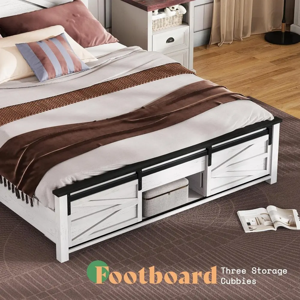 AMERLIFE 48.8" Farmhouse Wood Bed Frame Queen Size with Sliding Barn Door Storage Cabinets and Headboard, No Box Spring Needed,