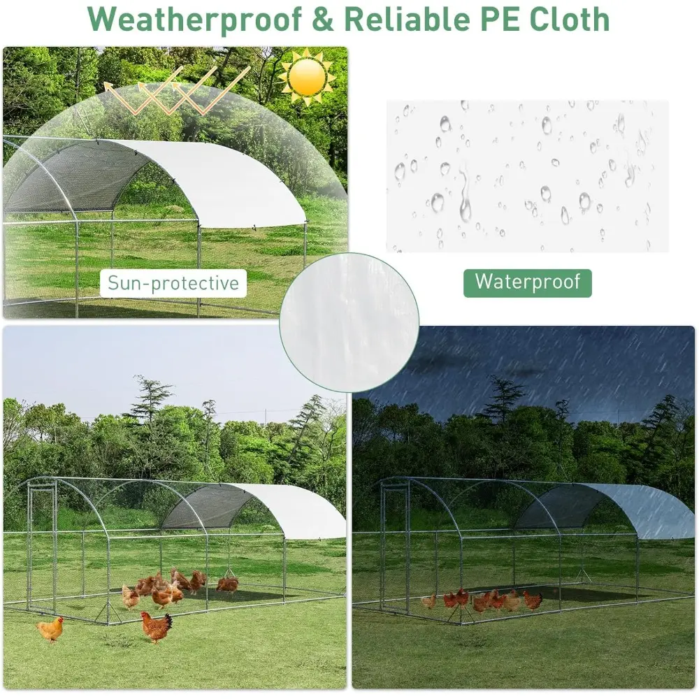 19ft Metal Chicken Coop, Galvanized Walk-in Chicken Run with Waterproof PE Cover, Dome Shaped Poultry Cage Hen Run House Rabbit