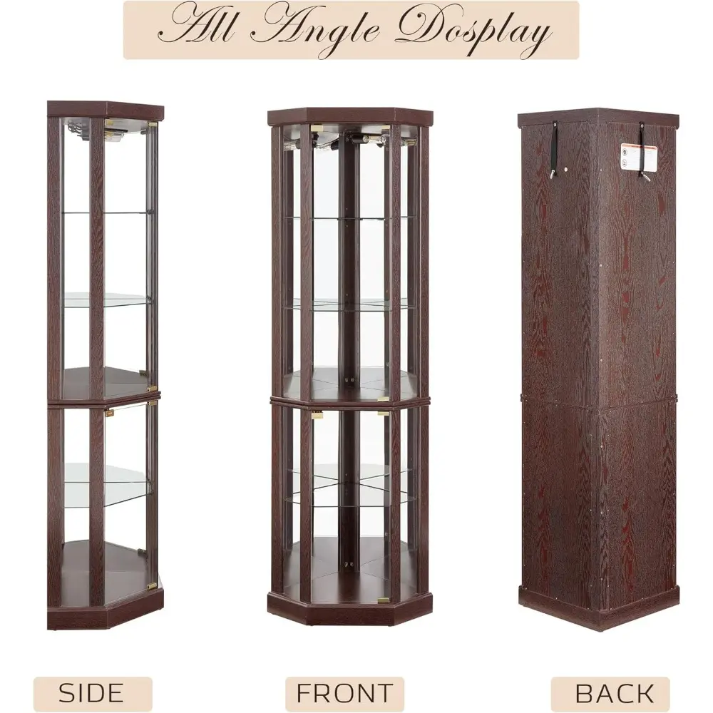 Corner Curio Cabinet, 70"H Lighted Glass Display Cabinet with Adjustable Shelve, Tempered Glass Doors, Bulb Inclued, Wooden Chin