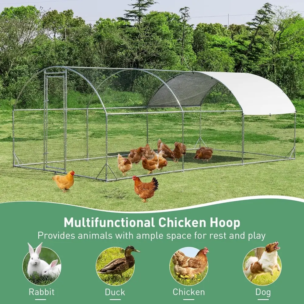 19ft Metal Chicken Coop, Galvanized Walk-in Chicken Run with Waterproof PE Cover, Dome Shaped Poultry Cage Hen Run House Rabbit