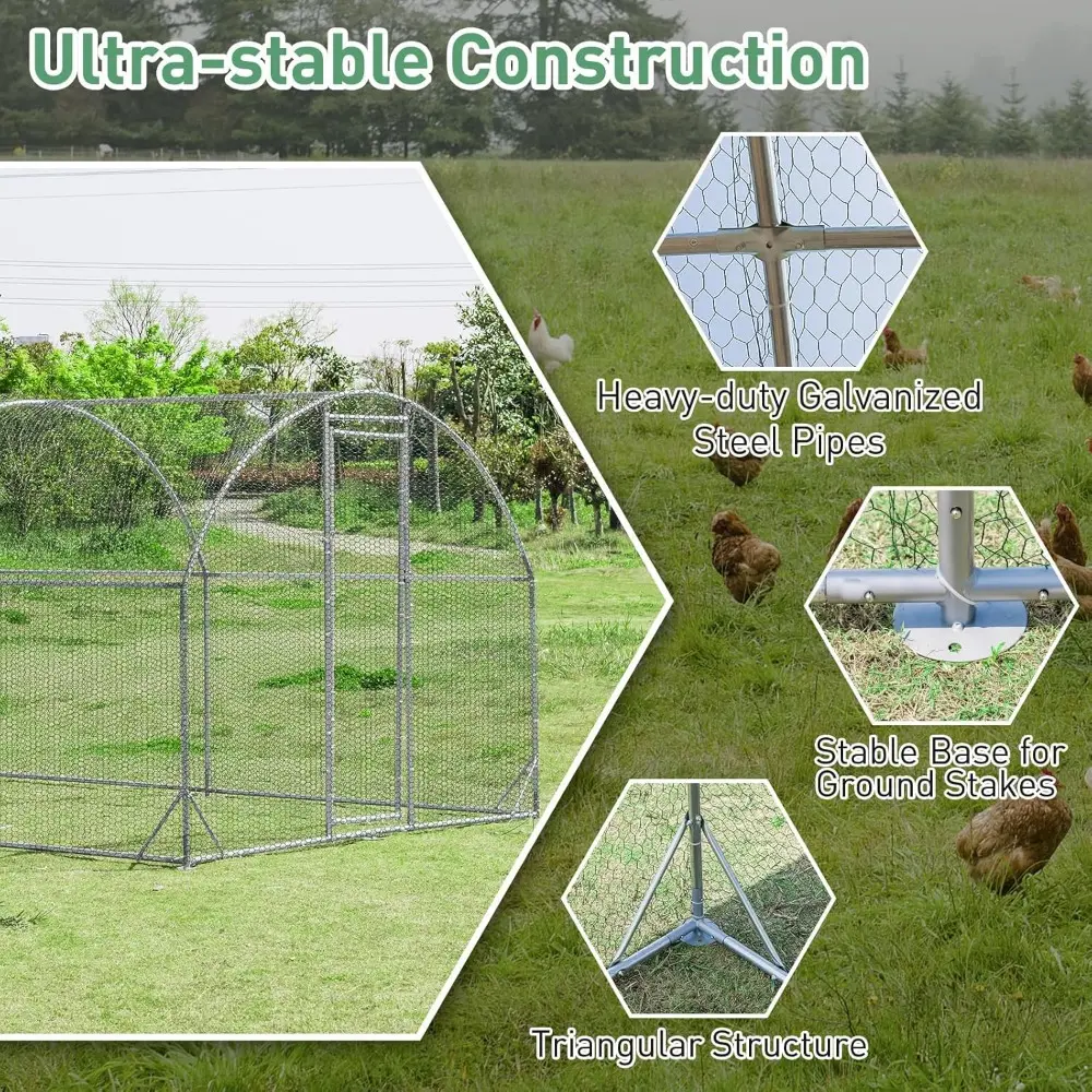 19ft Metal Chicken Coop, Galvanized Walk-in Chicken Run with Waterproof PE Cover, Dome Shaped Poultry Cage Hen Run House Rabbit