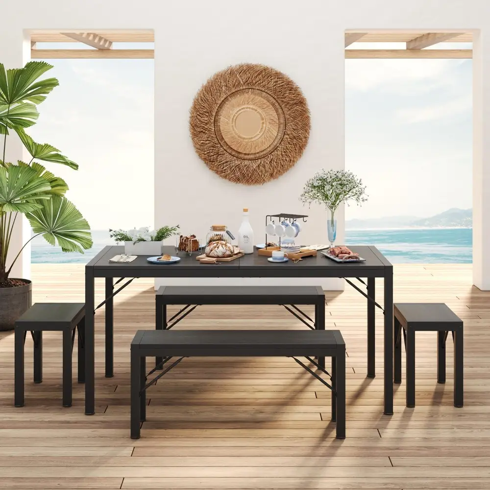 63" Dining Room Table Set for 6, Kitchen Table with 2 Benches and 2 Stools, Dining Table Set with Metal Frame, Space-Saving Kit