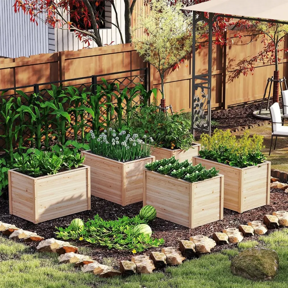Giantex Set of 2 Wood Raised Garden Bed, 40"x25"x26" Elevated Planter Box w/Open-Ended Base for Deep-Rooted Plant Vegetable Frui