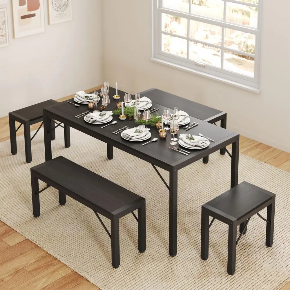 63" Dining Room Table Set for 6, Kitchen Table with 2 Benches and 2 Stools, Dining Table Set with Metal Frame, Space-Saving Kit