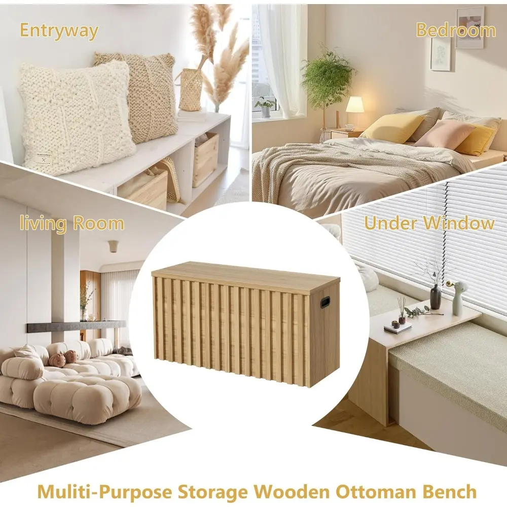 Storage Bench Set of 2, 39.4" Wood Box, Storage Trunk with 2 Safety Hinges,