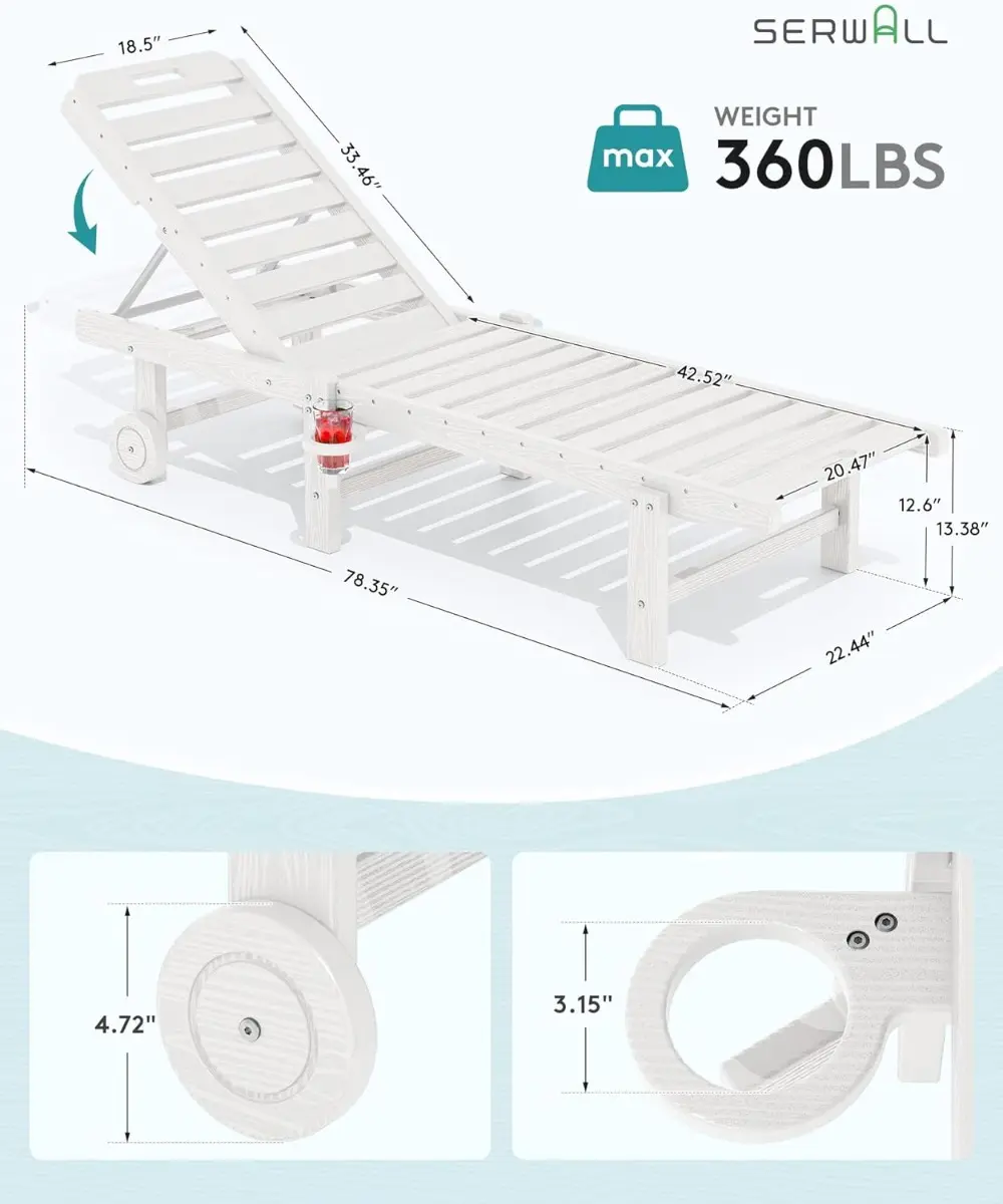 Patio Chaise Lounge, 78" Length Outdoor Lounge Chair with 5 Positions Adjustable Backrest, HDPE Lounge Chair with Rolling Wheels