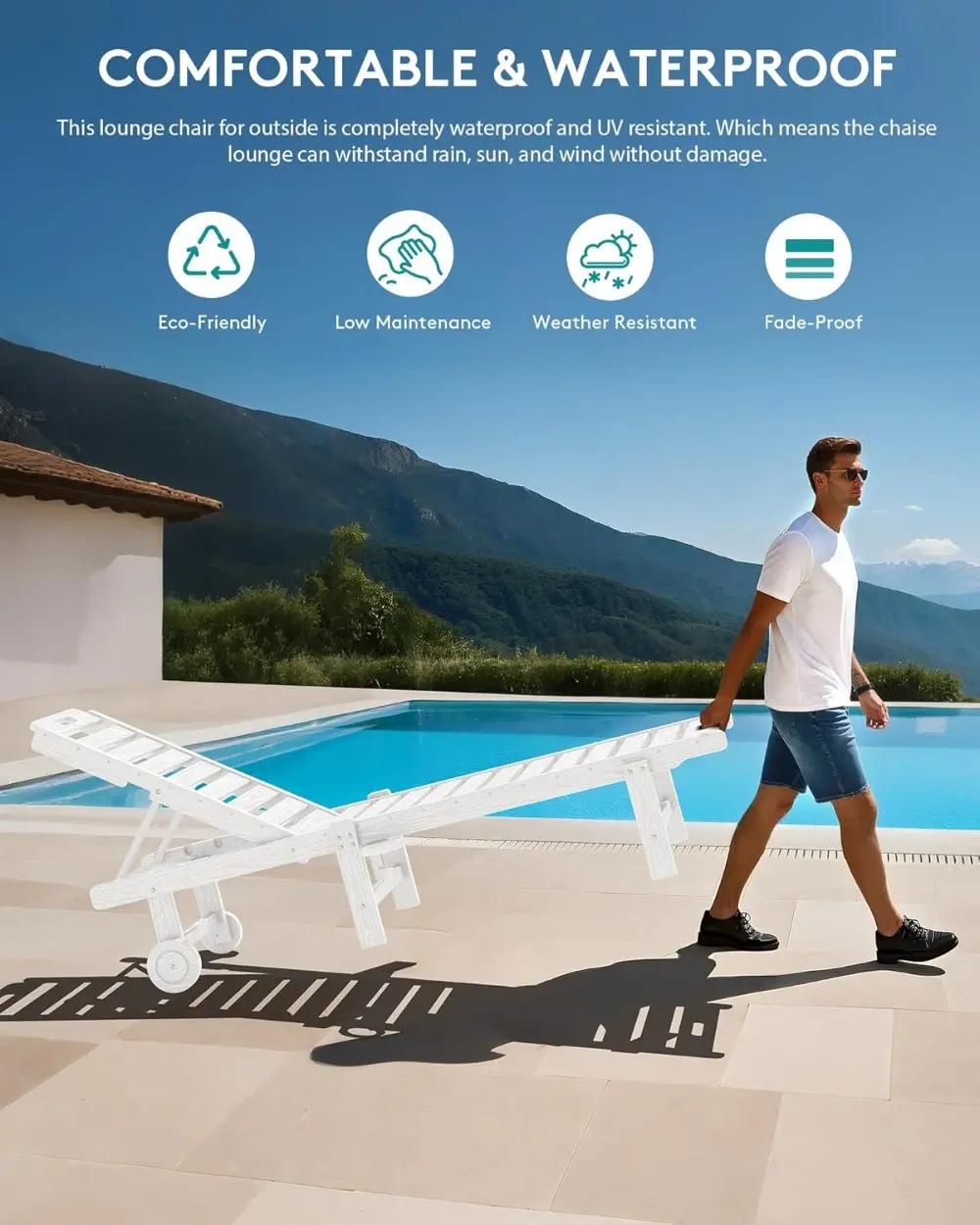 Patio Chaise Lounge, 78" Length Outdoor Lounge Chair with 5 Positions Adjustable Backrest, HDPE Lounge Chair with Rolling Wheels