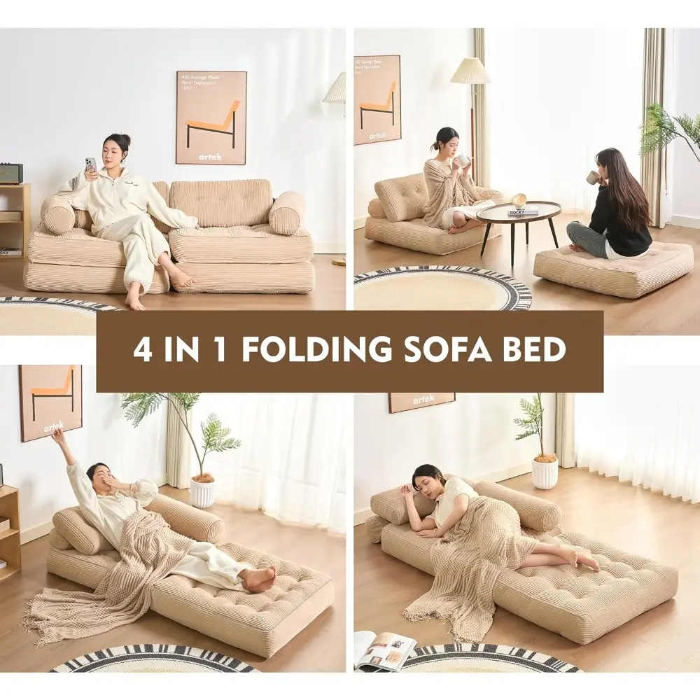 Plus Futon Sofa Bed for Small Spaces, Floor Couch with Armrest, Folding Sofa Couch, Convertible Sleeper Chair Bed with Pillow, P