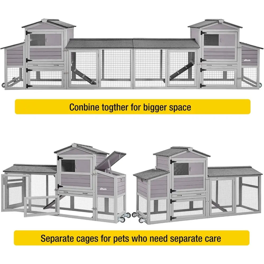 161" Large Chicken Coop Mobile Hen House Outdoor Wooden Poultry Cage with Wheels Nesting Box Run (Two Sets)