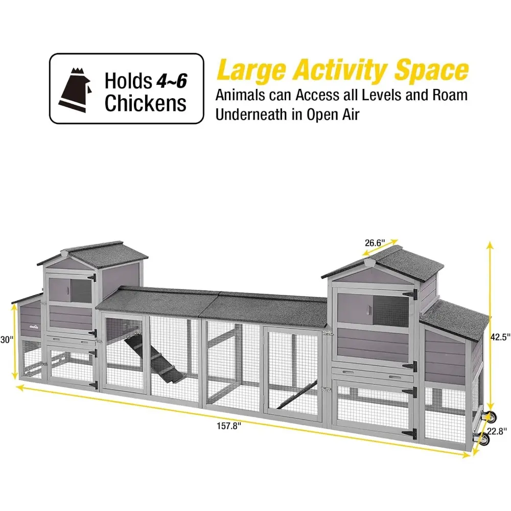 161" Large Chicken Coop Mobile Hen House Outdoor Wooden Poultry Cage with Wheels Nesting Box Run (Two Sets)