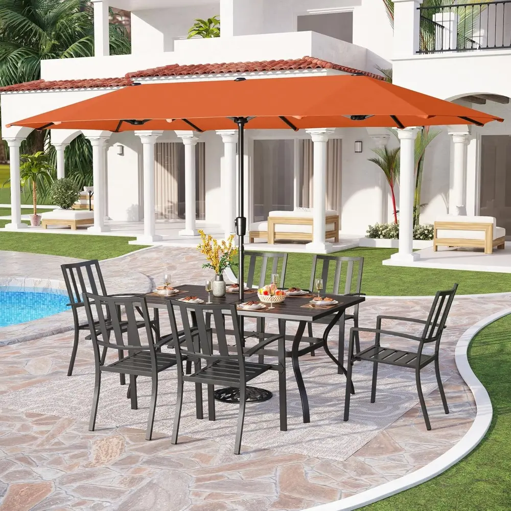 7 Piece Patio Dining Set with Umbrella, 60” Rectangular Metal Dining Table & 6 Stackable Metal Chairs & 13ft Large Red Umbrella
