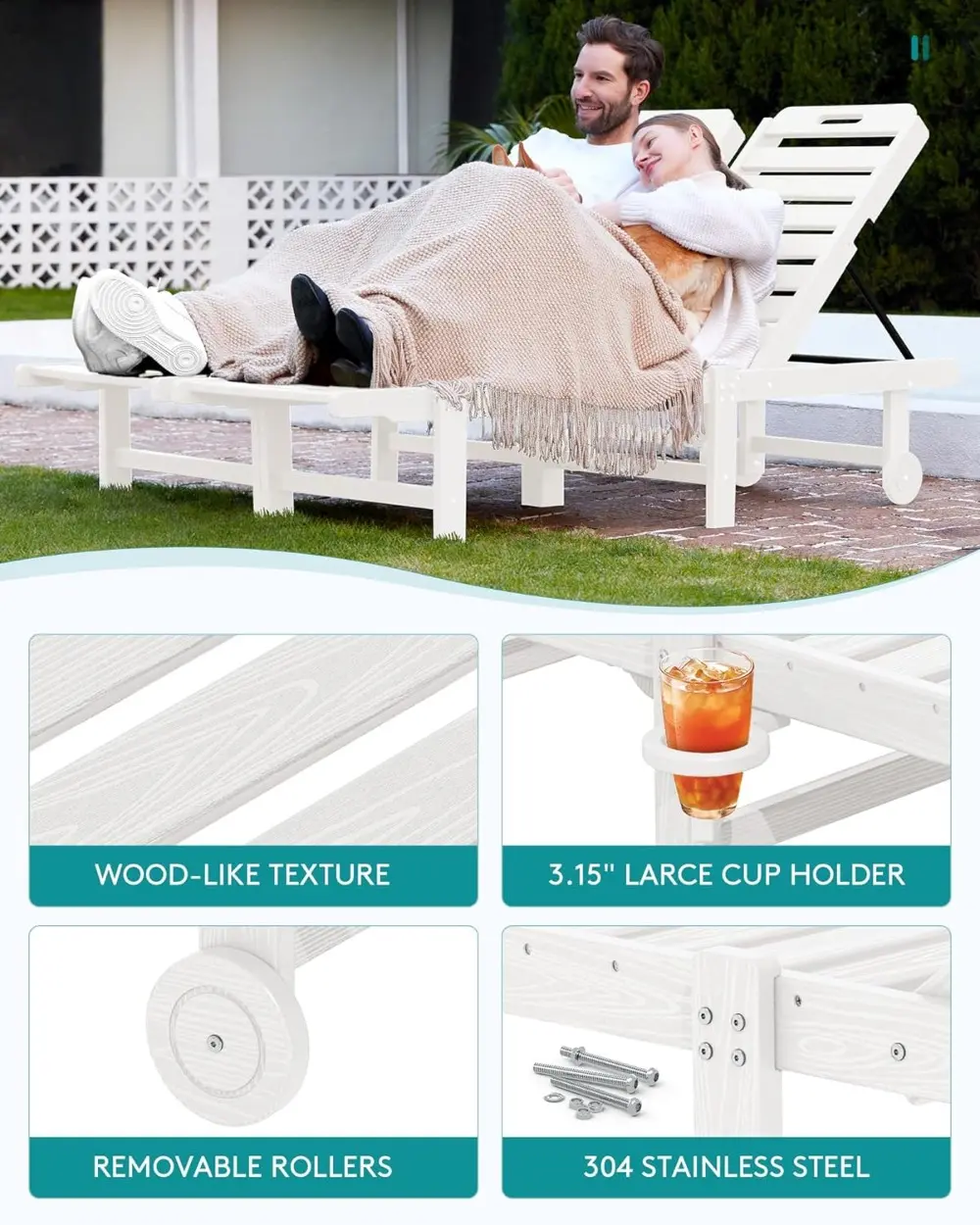 Patio Chaise Lounge, 78" Length Outdoor Lounge Chair with 5 Positions Adjustable Backrest, HDPE Lounge Chair with Rolling Wheels