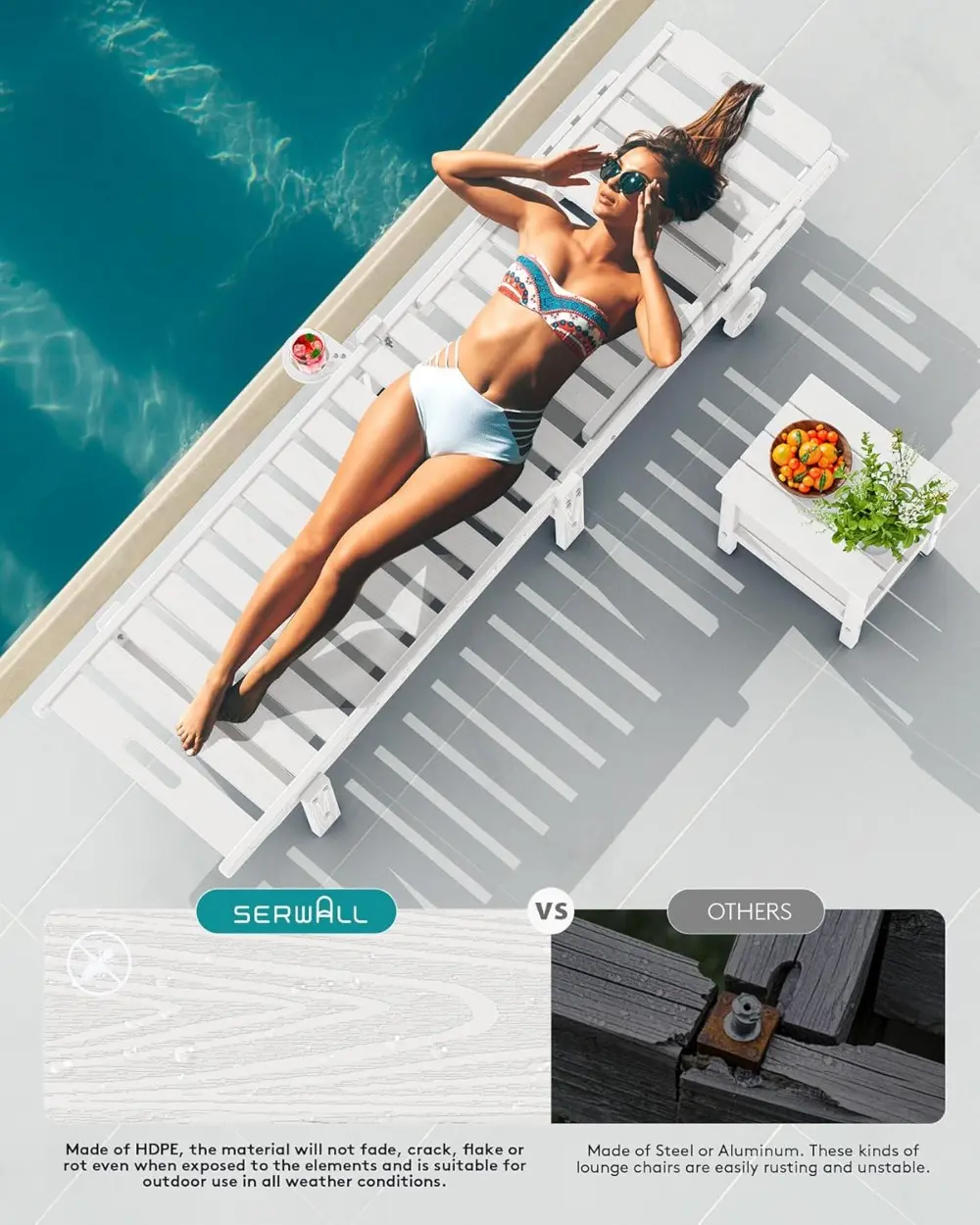 Patio Chaise Lounge, 78" Length Outdoor Lounge Chair with 5 Positions Adjustable Backrest, HDPE Lounge Chair with Rolling Wheels