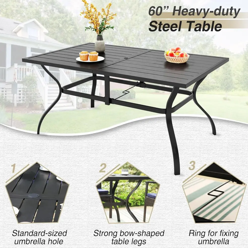 7 Piece Patio Dining Set with Umbrella, 60” Rectangular Metal Dining Table & 6 Stackable Metal Chairs & 13ft Large Red Umbrella