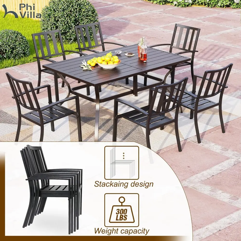 7 Piece Patio Dining Set with Umbrella, 60” Rectangular Metal Dining Table & 6 Stackable Metal Chairs & 13ft Large Red Umbrella