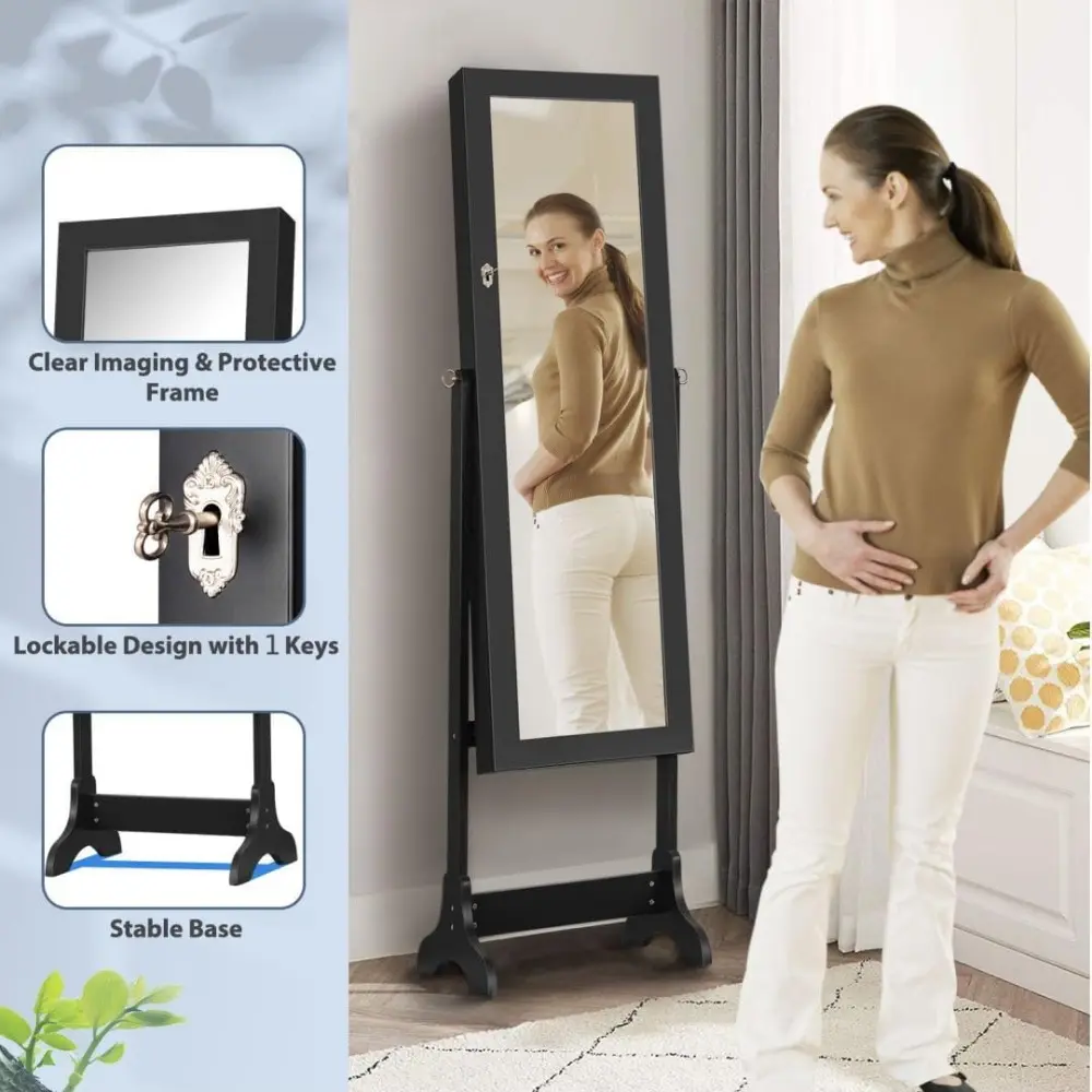 Freestanding Jewelry Cabinet, Lockable Cosmetic Storage Organizer with Full-Length Mirror & 4 Adjustable Angles, Mirrored Jewell