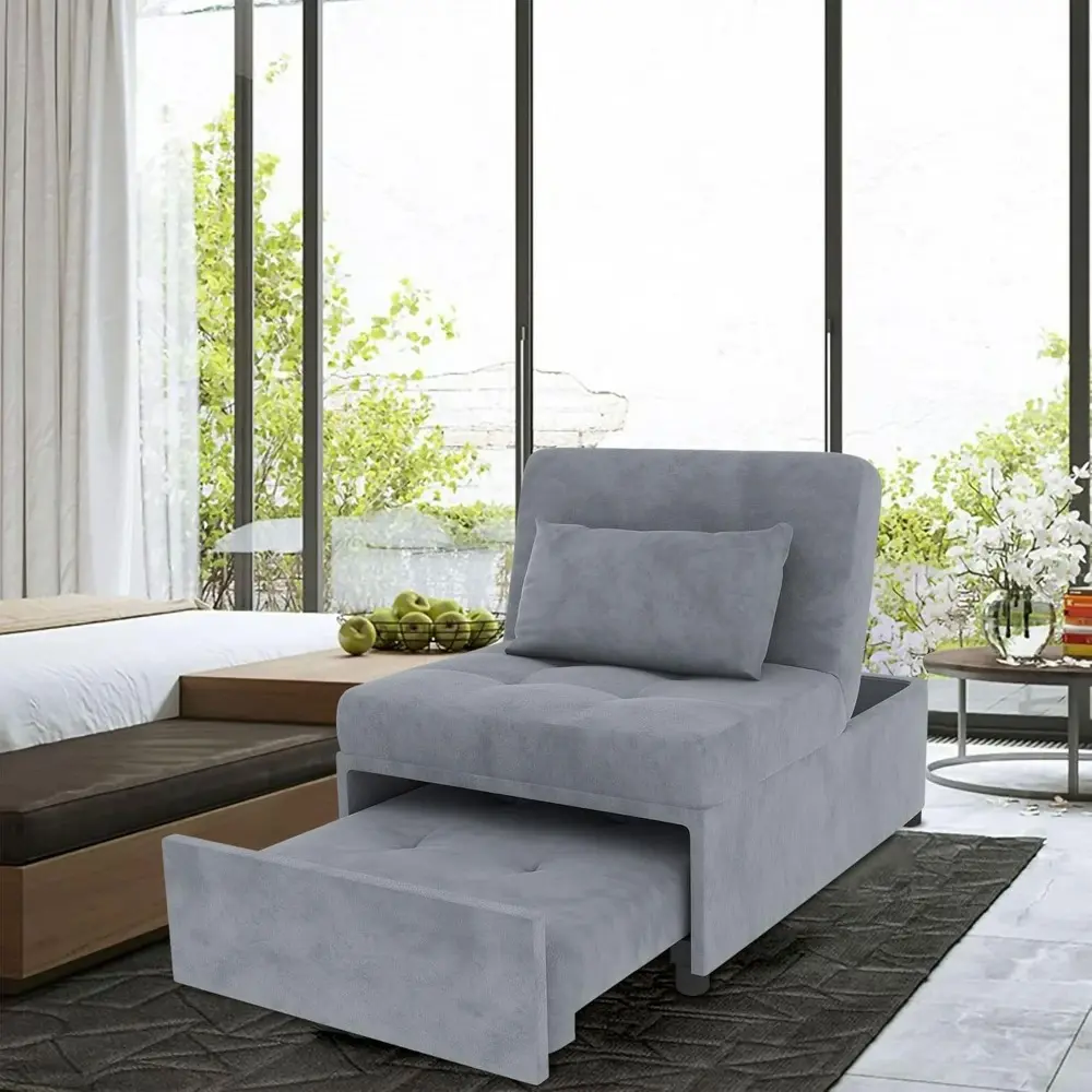 Deck Chair, Sofa Bed Convertible Chair 4 in 1 Multi-Function Folding Ottoman Modern Breathable Linen Guest Bed with Adjustable S