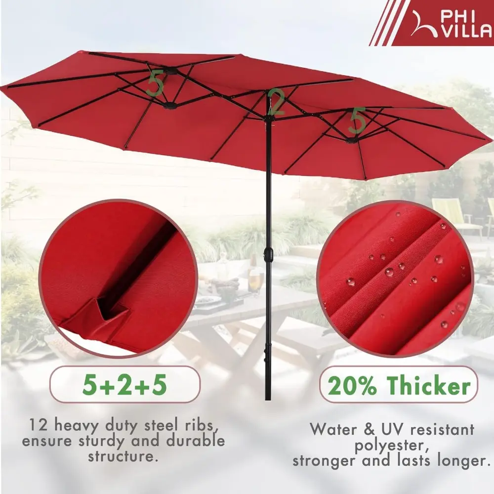 7 Piece Patio Dining Set with Umbrella, 60” Rectangular Metal Dining Table & 6 Stackable Metal Chairs & 13ft Large Red Umbrella
