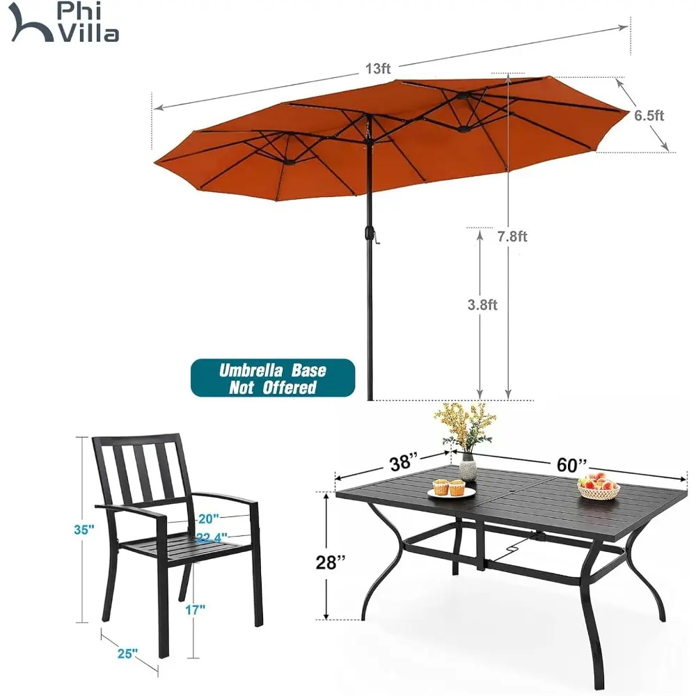 7 Piece Patio Dining Set with Umbrella, 60” Rectangular Metal Dining Table & 6 Stackable Metal Chairs & 13ft Large Red Umbrella