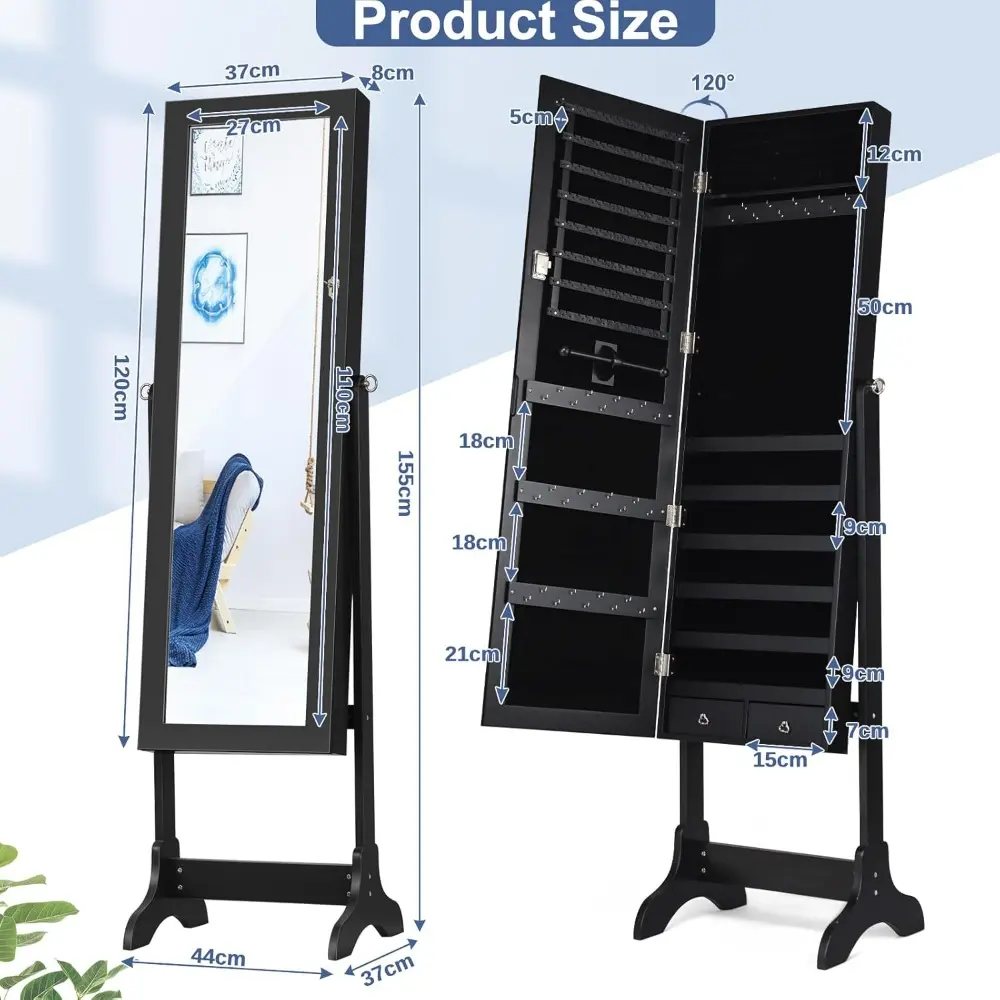 Freestanding Jewelry Cabinet, Lockable Cosmetic Storage Organizer with Full-Length Mirror & 4 Adjustable Angles, Mirrored Jewell
