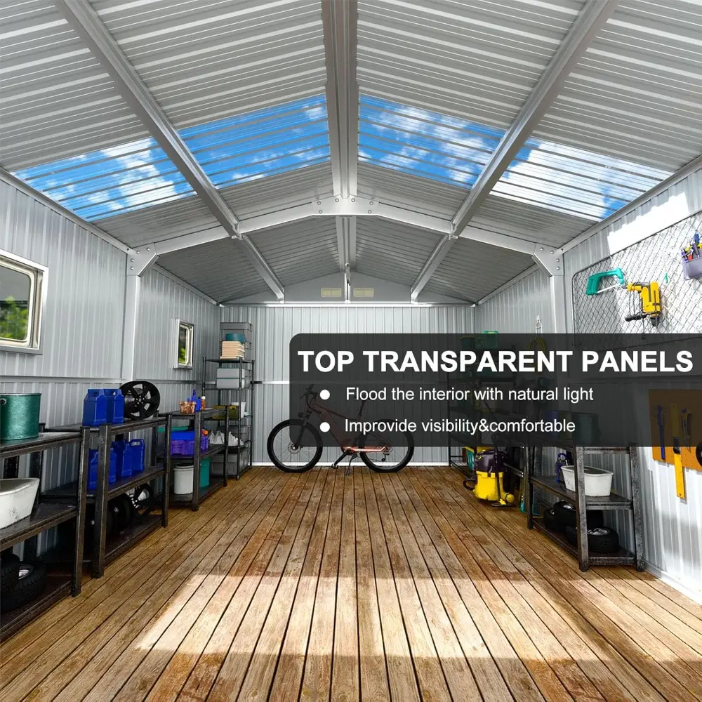 Metal Outdoor Storage Shed 10x12 FT Large Tools House with Clear Roof Windows Air Vent Door for Outside Garden Patio Lawn Backya