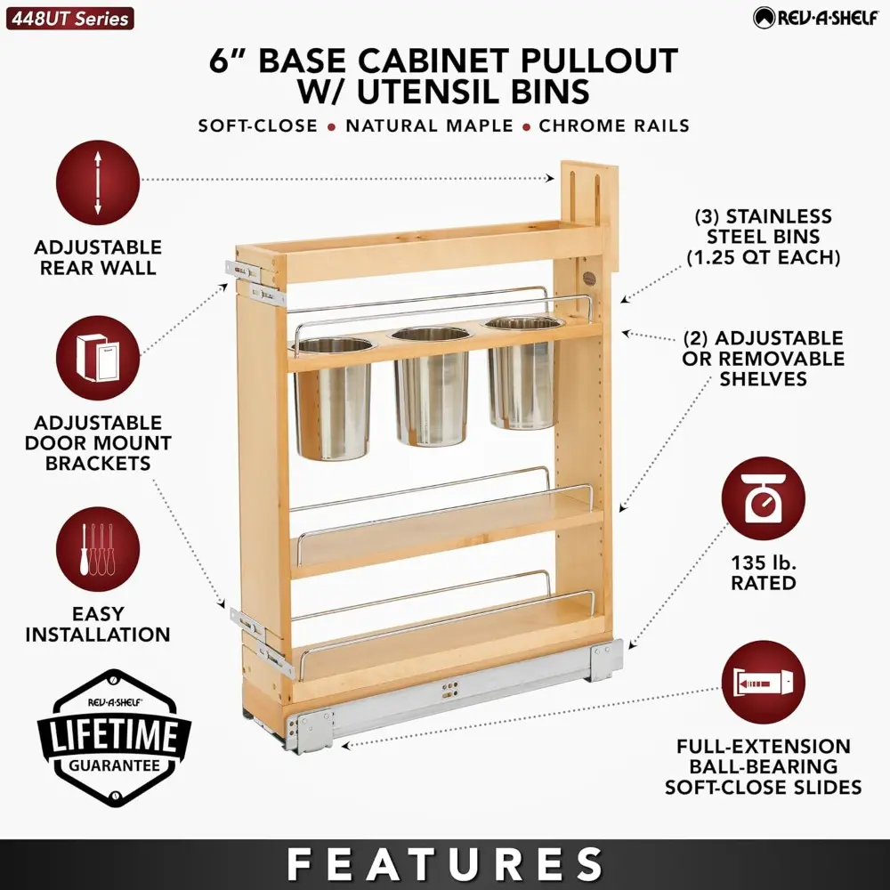 Rev-A-Shelf 5" Pull Out Storage Organizer for Base Kitchen Cabinets w/Soft-Close, Sliding Shelves for Utilities, Utensils or Spi