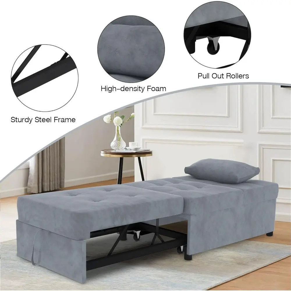 Deck Chair, Sofa Bed Convertible Chair 4 in 1 Multi-Function Folding Ottoman Modern Breathable Linen Guest Bed with Adjustable S