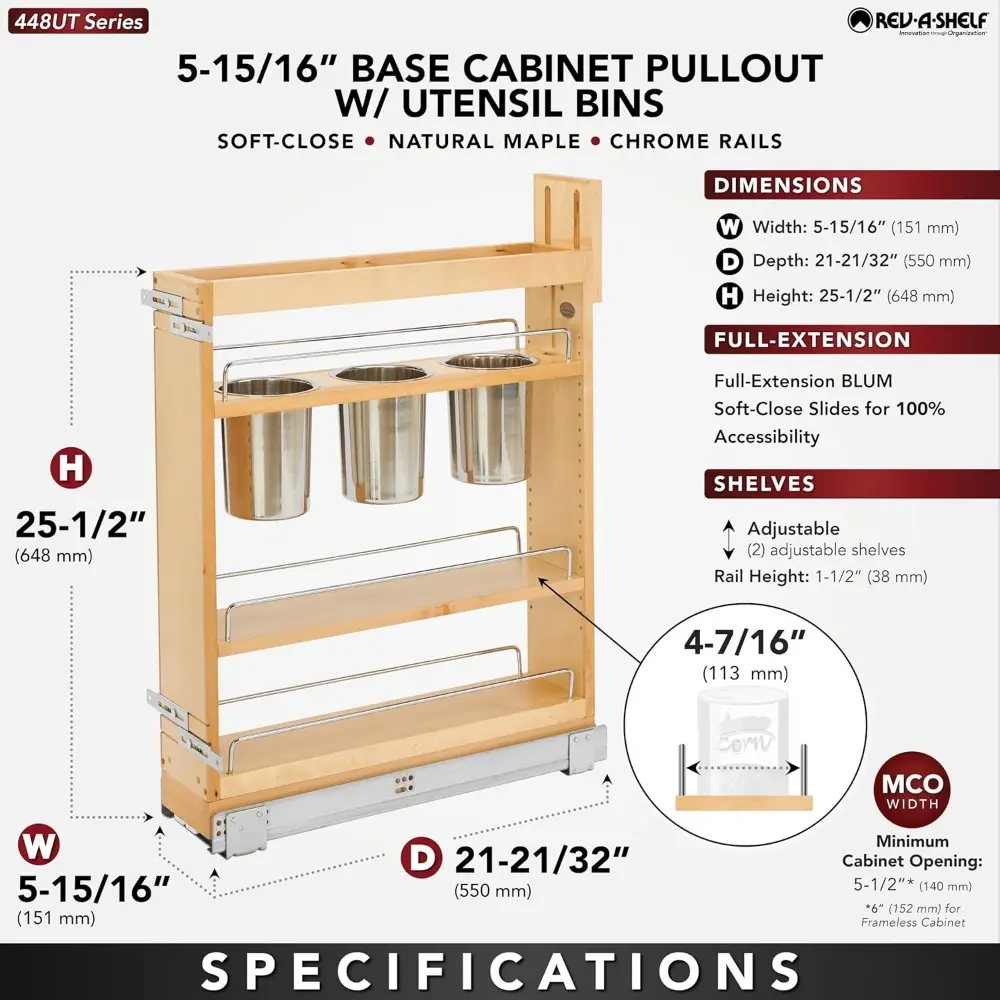 Rev-A-Shelf 5" Pull Out Storage Organizer for Base Kitchen Cabinets w/Soft-Close, Sliding Shelves for Utilities, Utensils or Spi