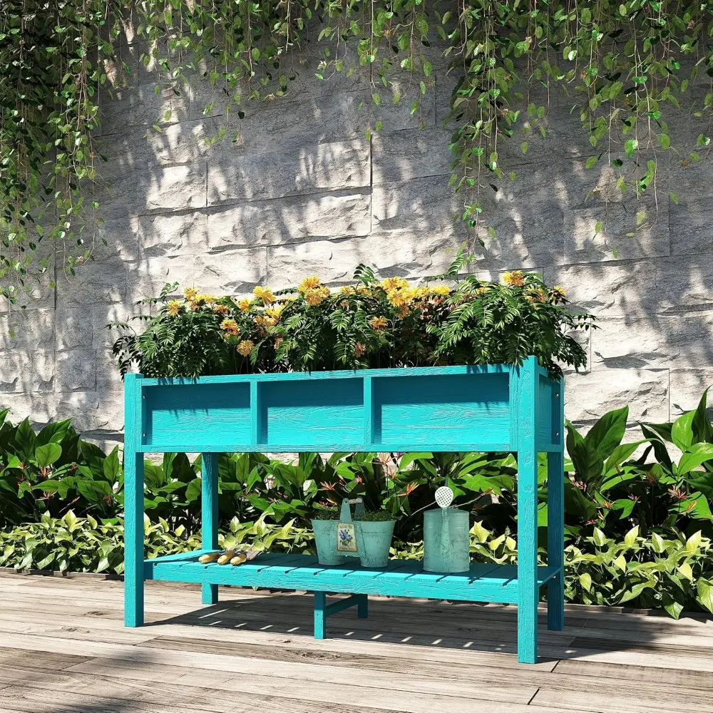 Outdoor Raised Garden Bed, Poly Wood Planter Box Stand,Weather Resistant Planter Box with Legs & Storage Shelf, Elevated Garden