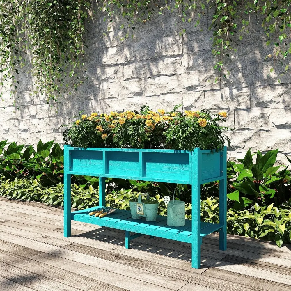 Outdoor Raised Garden Bed, Poly Wood Planter Box Stand,Weather Resistant Planter Box with Legs & Storage Shelf, Elevated Garden