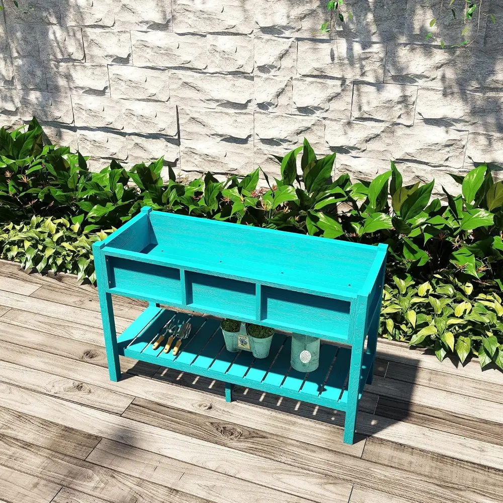 Outdoor Raised Garden Bed, Poly Wood Planter Box Stand,Weather Resistant Planter Box with Legs & Storage Shelf, Elevated Garden