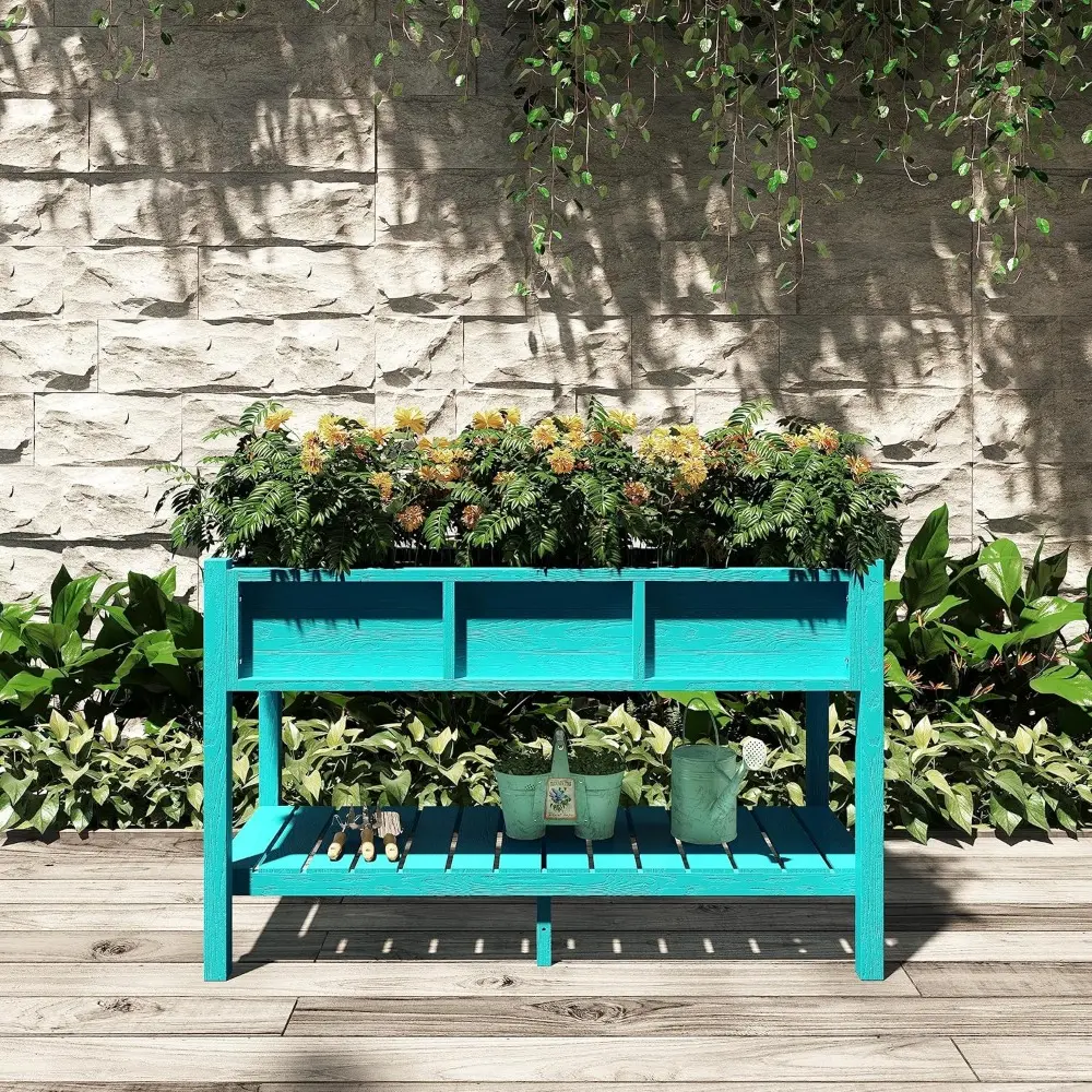 Outdoor Raised Garden Bed, Poly Wood Planter Box Stand,Weather Resistant Planter Box with Legs & Storage Shelf, Elevated Garden