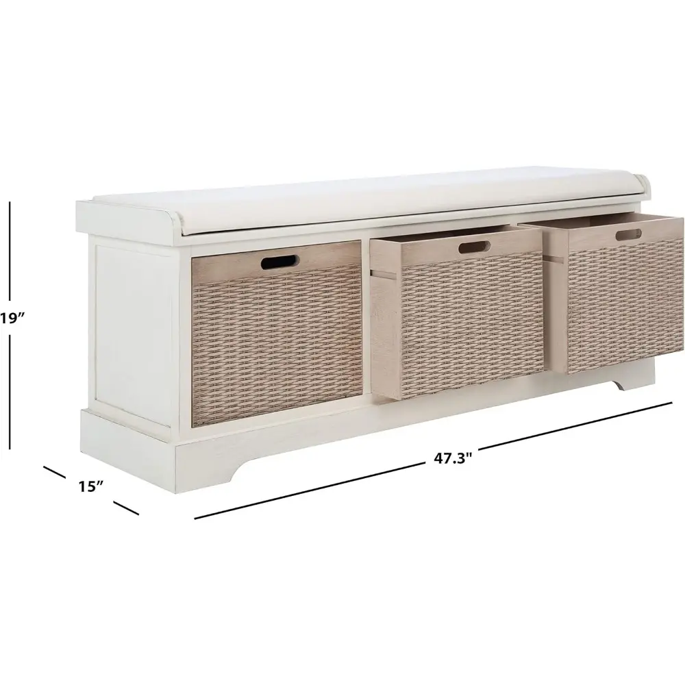 SAFAVIEH Home Collection Landers Distressed White 3-Drawer/Cushion Storage Bench (Fully Assembled) BCH5703A