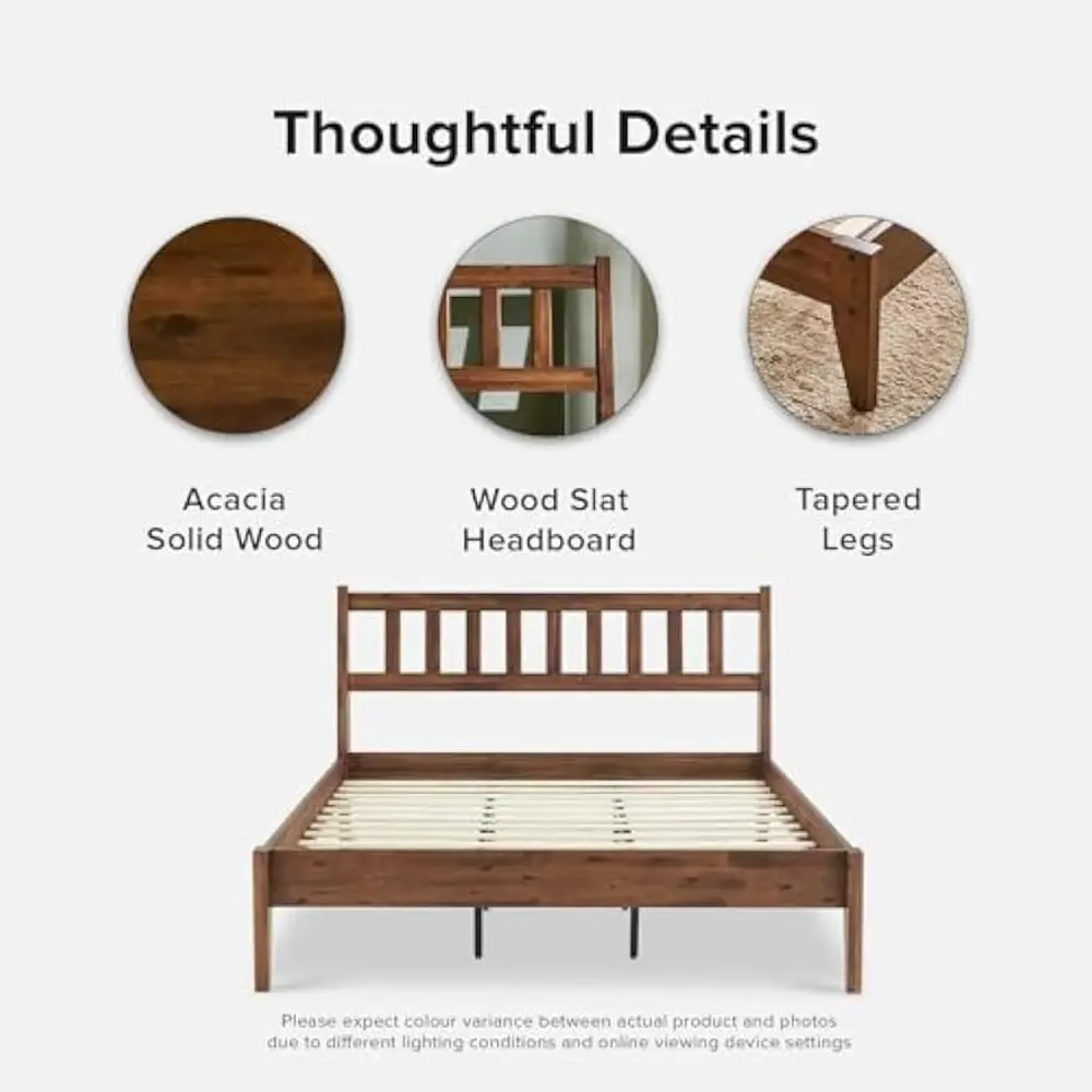 Ted Bed Frame with Headboard, Mid Century Modern Acacia Solid Wood Platform Bed Frame, Wooden Slats, No Box Spring, Double Meta