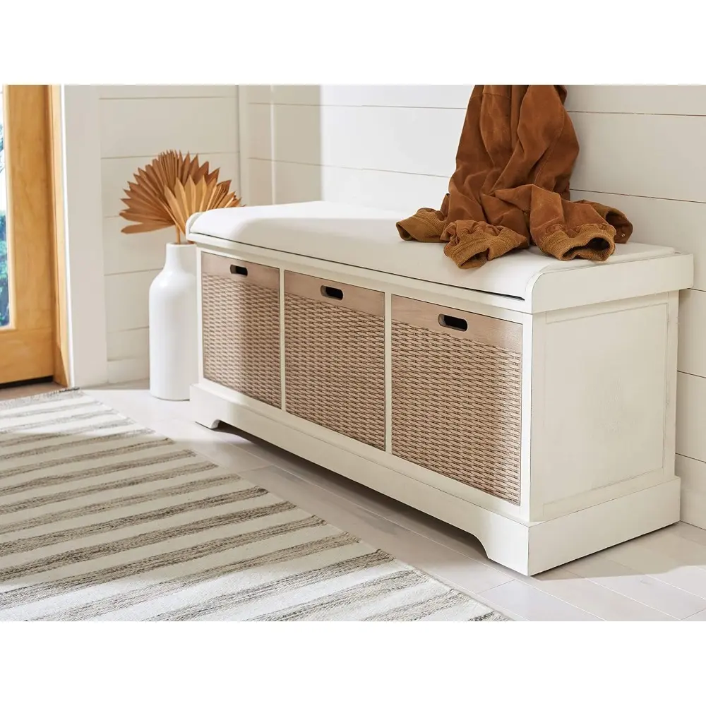 SAFAVIEH Home Collection Landers Distressed White 3-Drawer/Cushion Storage Bench (Fully Assembled) BCH5703A