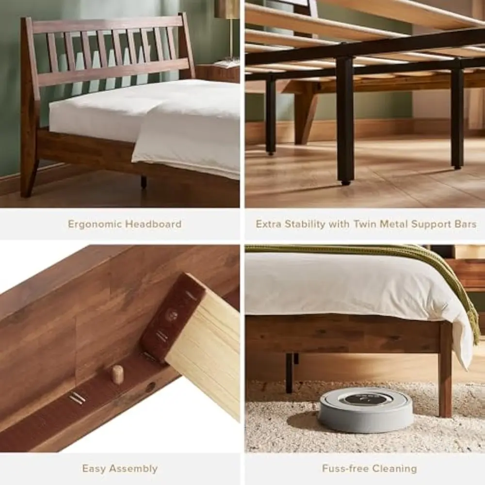 Ted Bed Frame with Headboard, Mid Century Modern Acacia Solid Wood Platform Bed Frame, Wooden Slats, No Box Spring, Double Meta