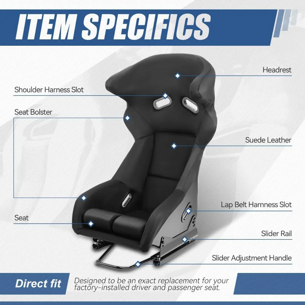 Racing Seat Universal Universal Suede Leather Fixed Position Bucket Seats with Side Mount Sliders, 37.75 (H) x 21.25 (W) x 21.2