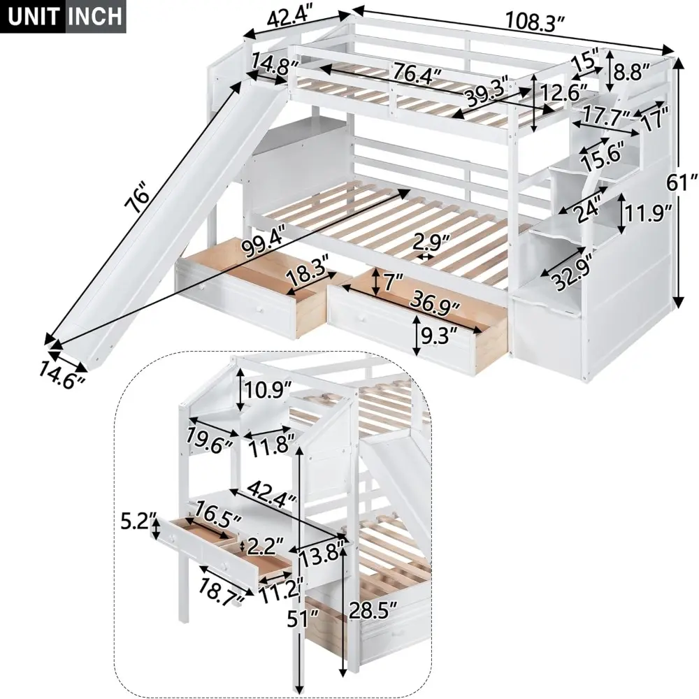 Harper & Bright Designs Twin Over Twin Bunk Bed with Stairs, Slide, Desk, Solid Wood Bunk Bed with Storage Drawers and Shelves,