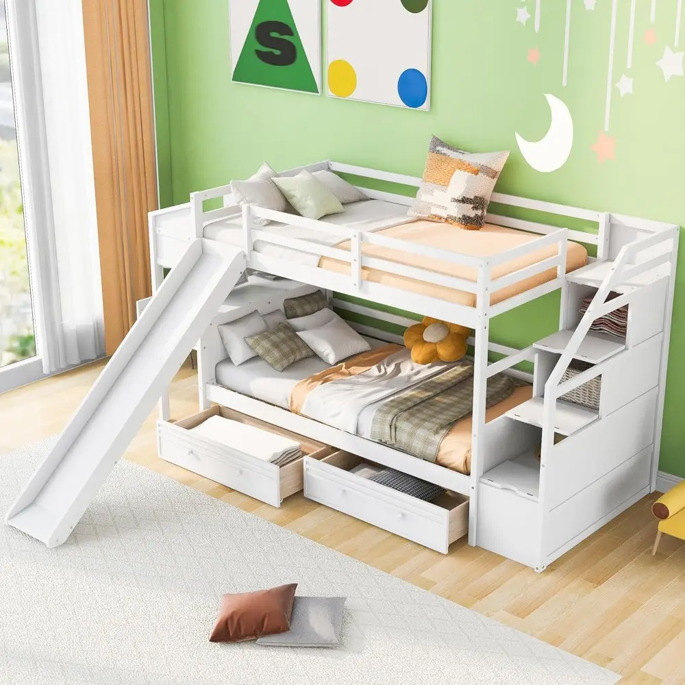 Harper & Bright Designs Twin Over Twin Bunk Bed with Stairs, Slide, Desk, Solid Wood Bunk Bed with Storage Drawers and Shelves,