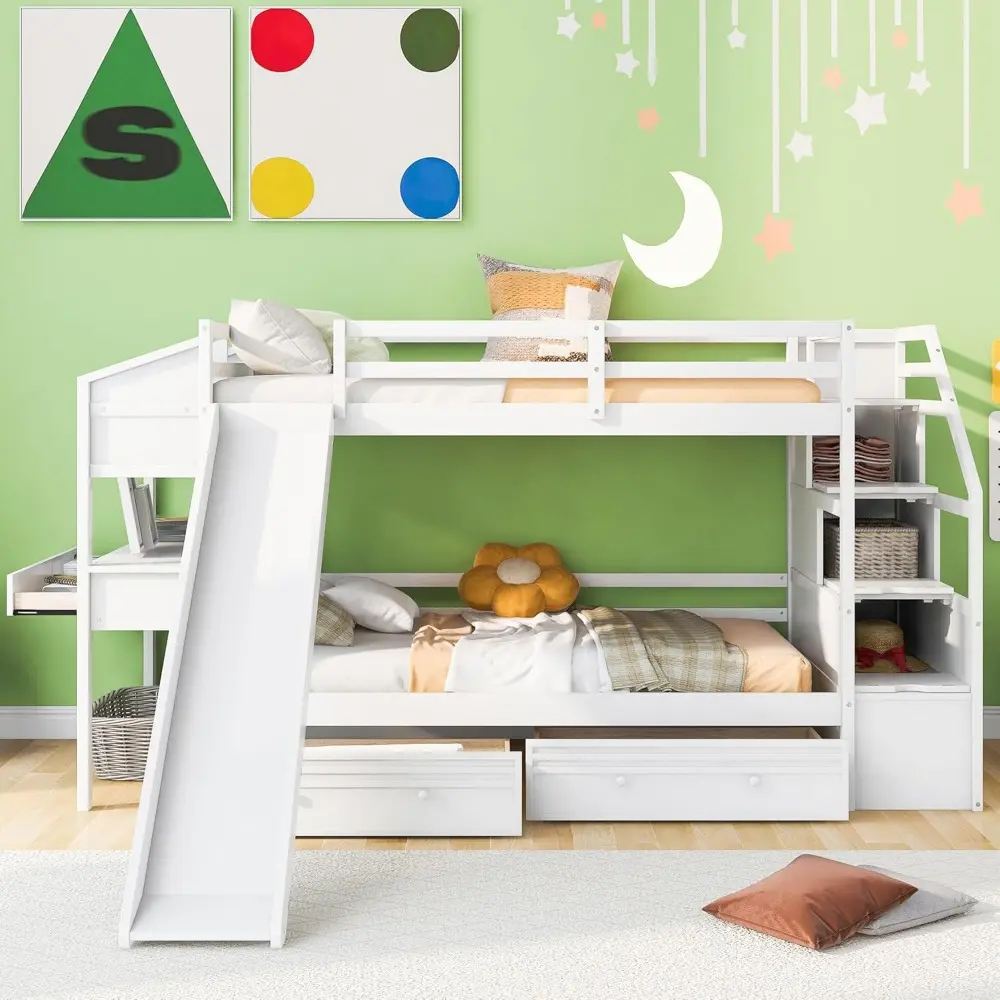 Harper & Bright Designs Twin Over Twin Bunk Bed with Stairs, Slide, Desk, Solid Wood Bunk Bed with Storage Drawers and Shelves,