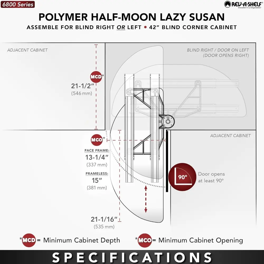 Rev-A-Shelf 31” Pull Out Half Moon Lazy Susan Shelf Sliding Organizer w/Hardware for Blind Corner Kitchen or Bathroom Cabinets,
