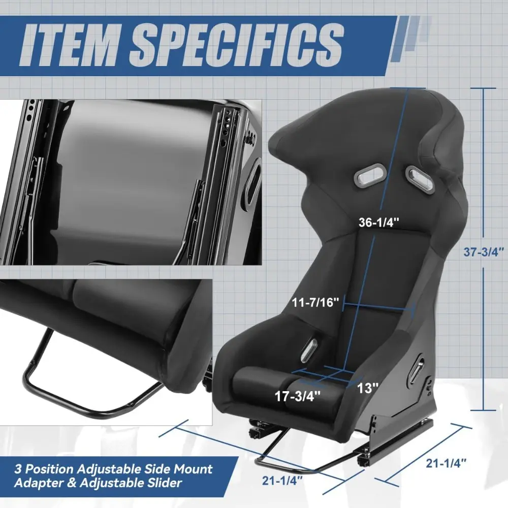 Racing Seat Universal Universal Suede Leather Fixed Position Bucket Seats with Side Mount Sliders, 37.75 (H) x 21.25 (W) x 21.2