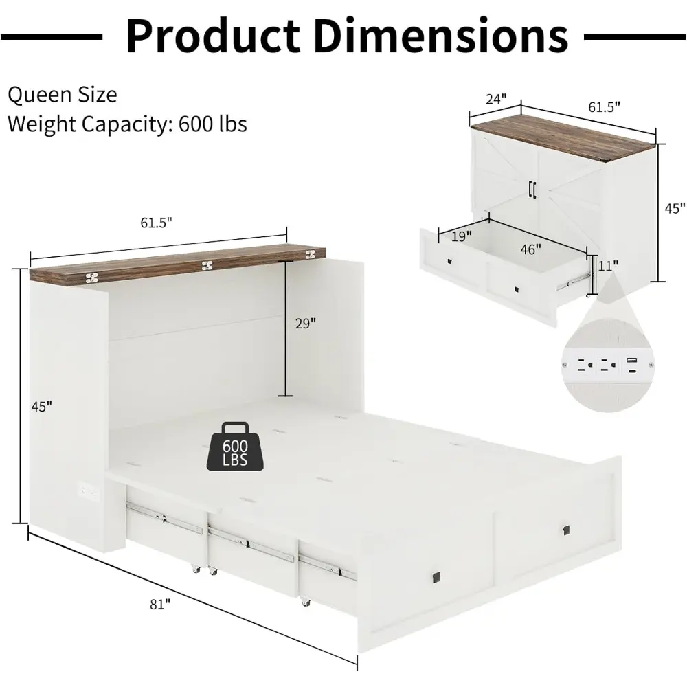 Queen Size Murphy Bed with Charging Station, Cabinet Bed with Large Storage Drawer for Home Office or Small Room, Hideaway Full