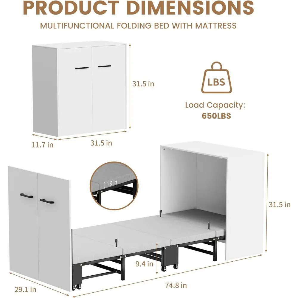 Murphy Bed w/Mattress, Foldable Murphy Bed Cabinet, 75" x 29" Cot Size Fold Out Beds for Guest Bedroom, Living Room, Office, Ea
