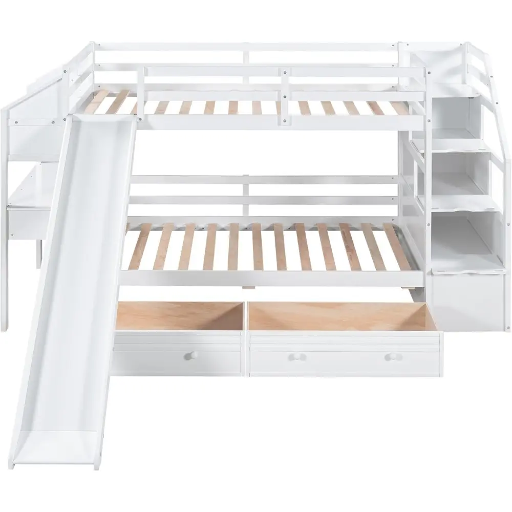 Harper & Bright Designs Twin Over Twin Bunk Bed with Stairs, Slide, Desk, Solid Wood Bunk Bed with Storage Drawers and Shelves,
