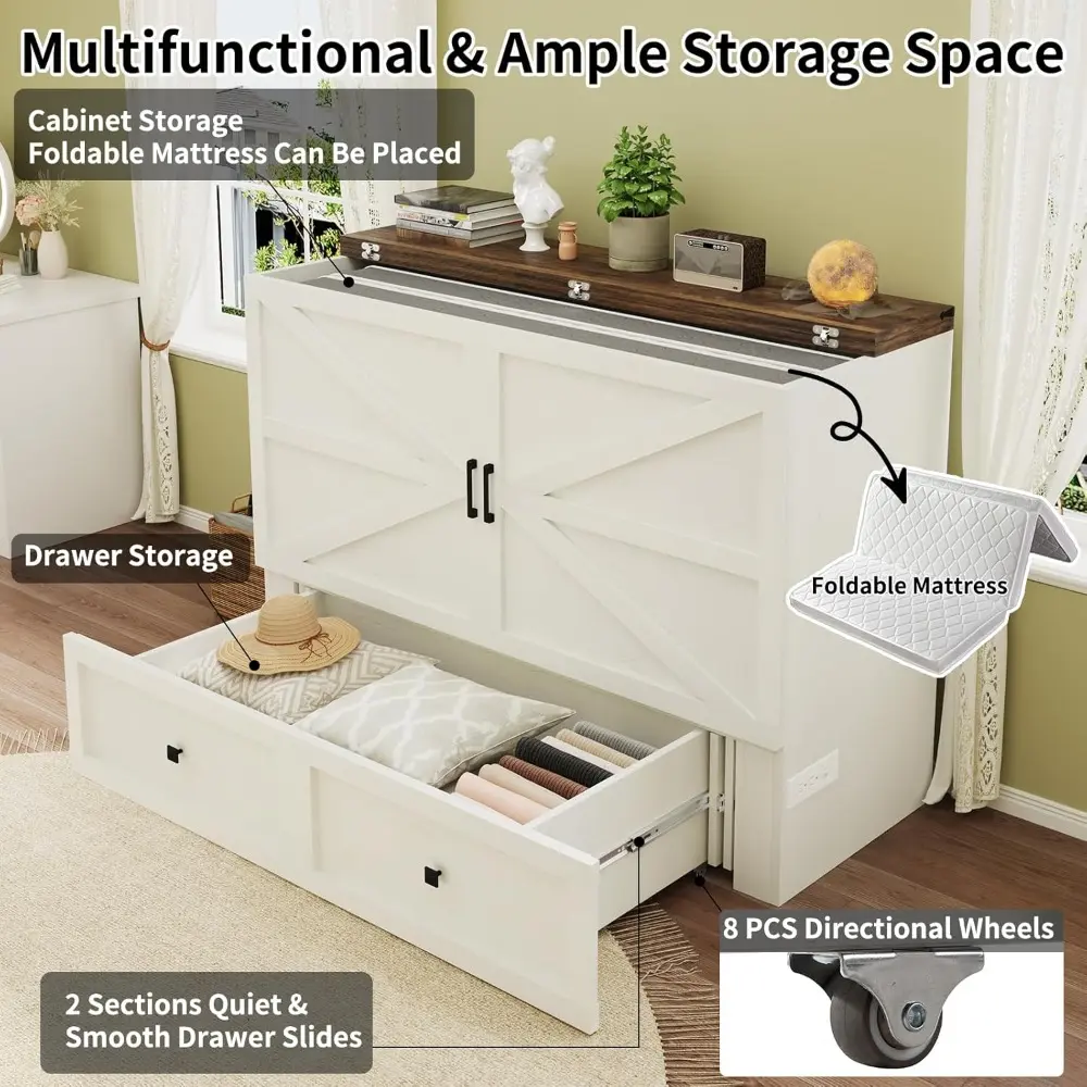 Queen Size Murphy Bed with Charging Station, Cabinet Bed with Large Storage Drawer for Home Office or Small Room, Hideaway Full